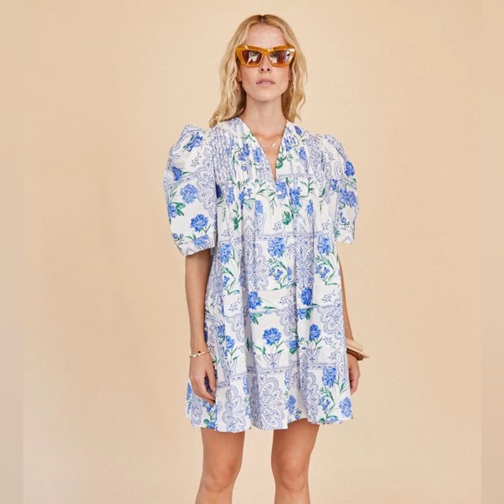 HUNTER BELL NYC Jenkins Blue & White Floral Puff-Sleeve Mini Dress